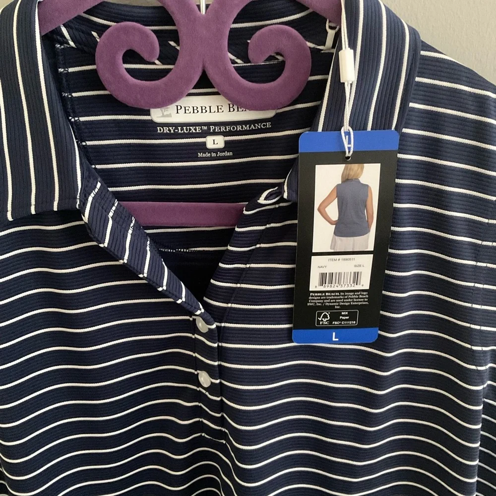 Pebble Beach Women's Navy and White Striped sleeveless polo.